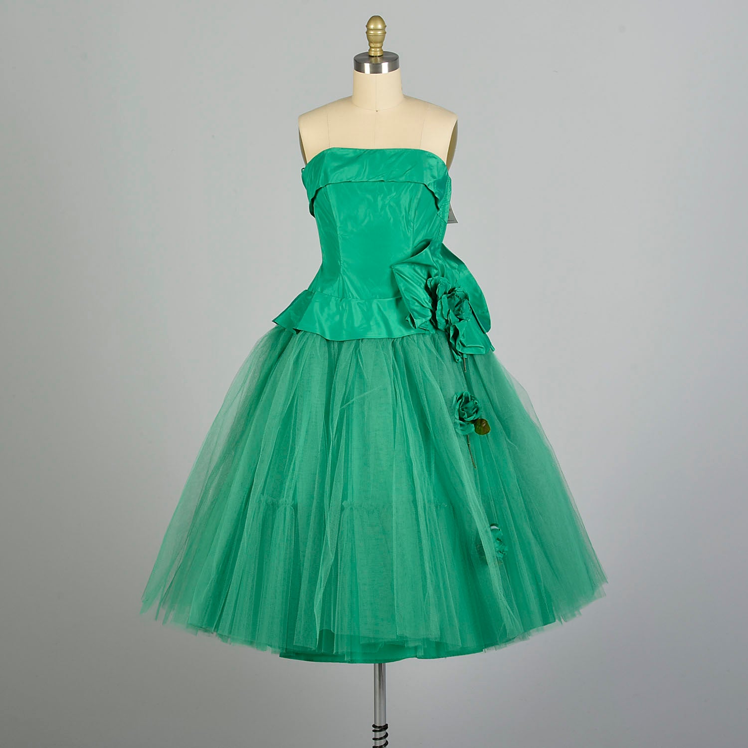 XS 1950s Kelly Green Tulle Prom Dress Strapless Taffeta Peplum Bodice Style & Salvage XS 1950s Kelly Green Tulle Prom Dress Strapless Taffeta Peplum Bodice Style & Salvage