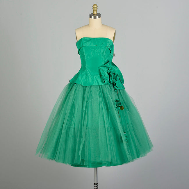 XS 1950s Kelly Green Tulle Prom Dress Strapless Taffeta Peplum Bodice Rose Embellishments