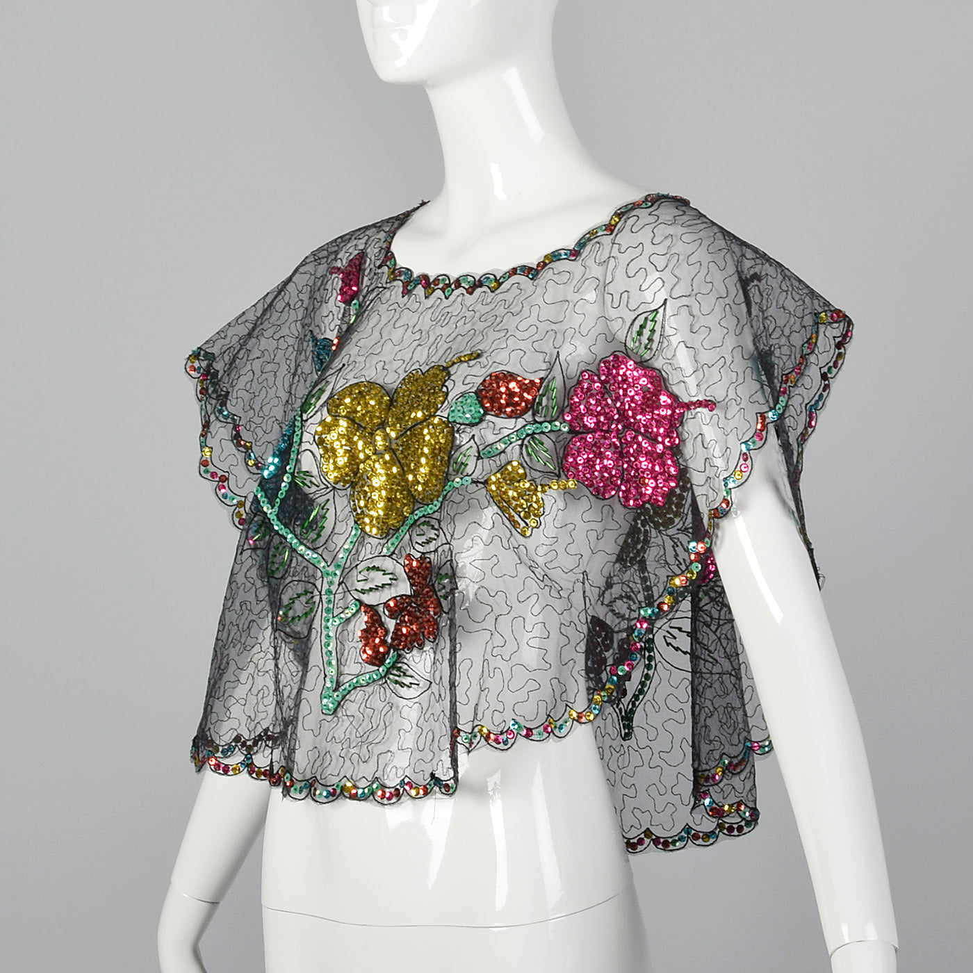 1960s Mexican Sheer Poncho with Floral Sequin Design