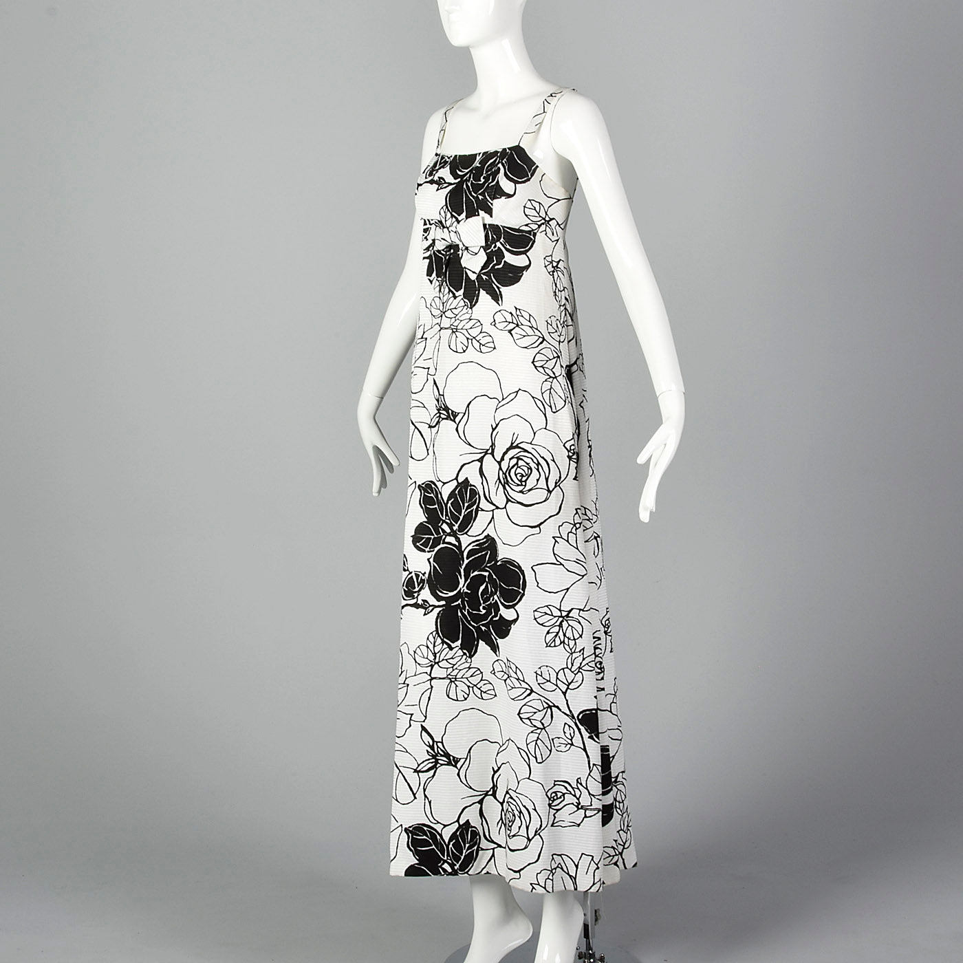 XS 1960s Black White Floral Maxi Dress