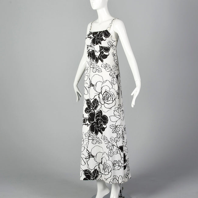 XS 1960s Black White Floral Maxi Dress