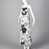 XS 1960s Black White Floral Maxi Dress
