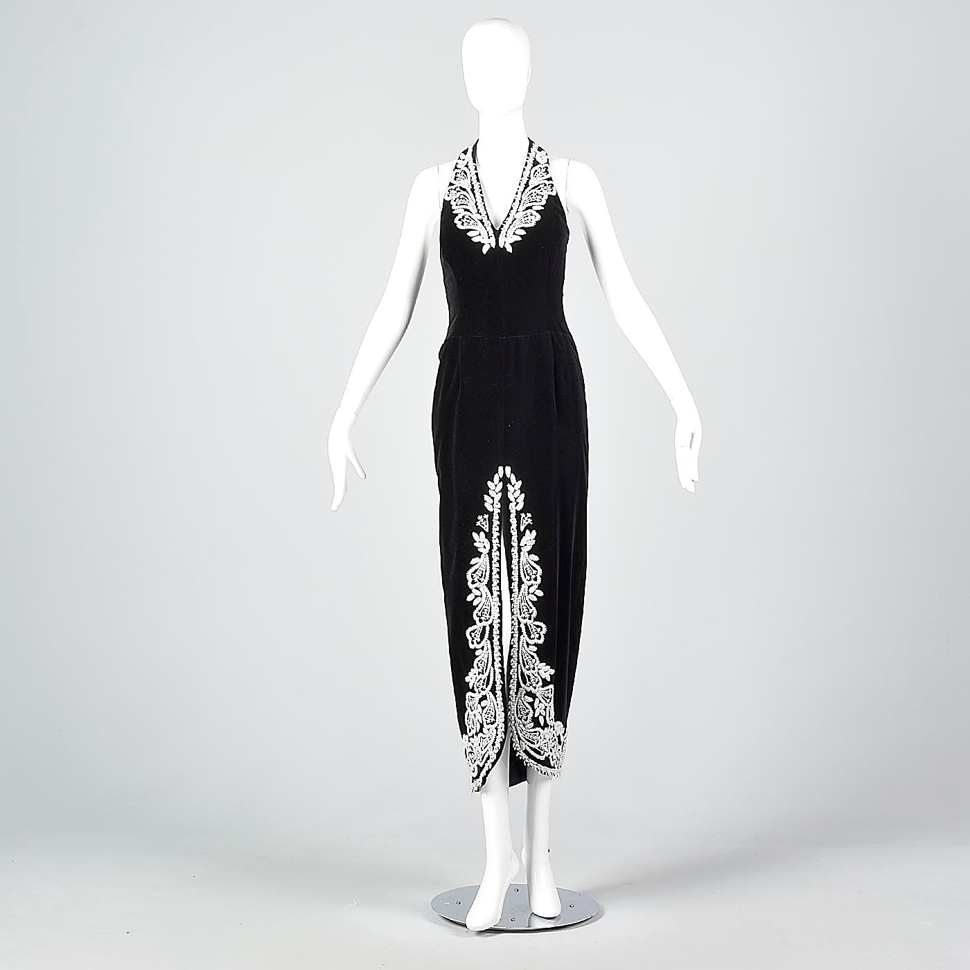 1980s Escada Black Velvet Dress with Faux Pearl Trim