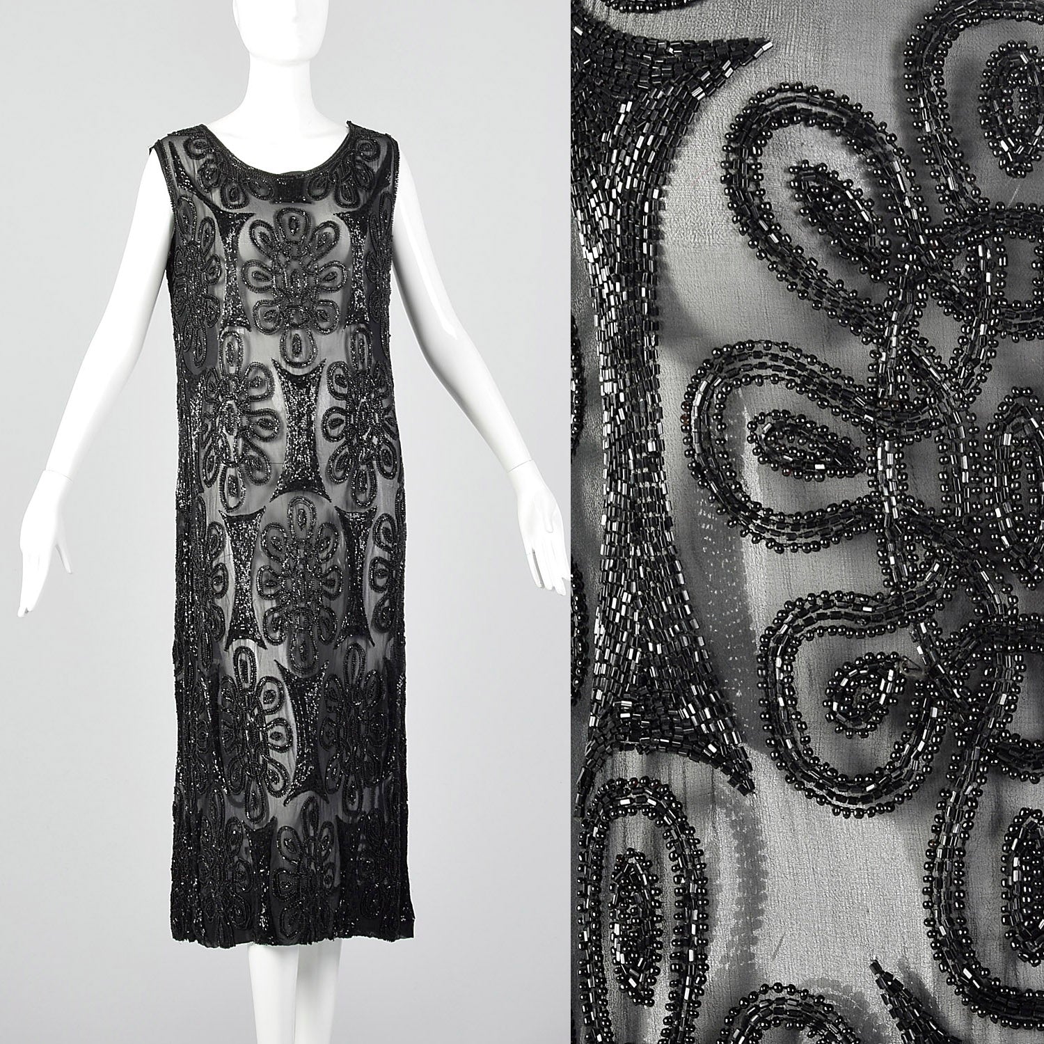 1920s Beaded Black Silk Dress with Celtic Style Knots