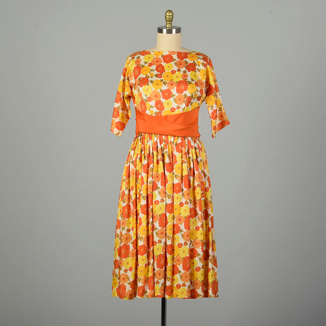 Large 1950s Dress Orange Floral Bright Colorful Fit and Flare Swing
