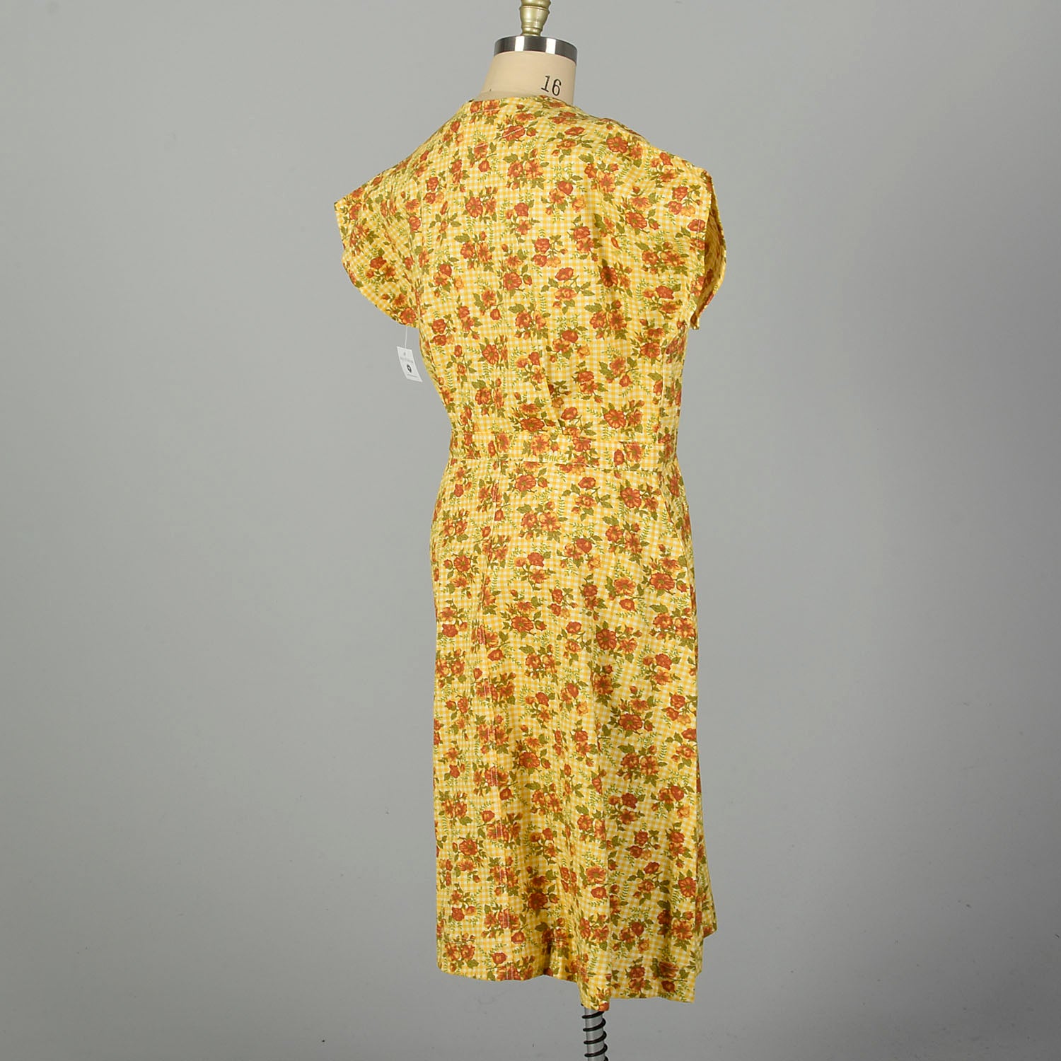 XXL 1960s Housekeeping Uniform Yellow Floral Gingham Cotton Motel Maid Dress