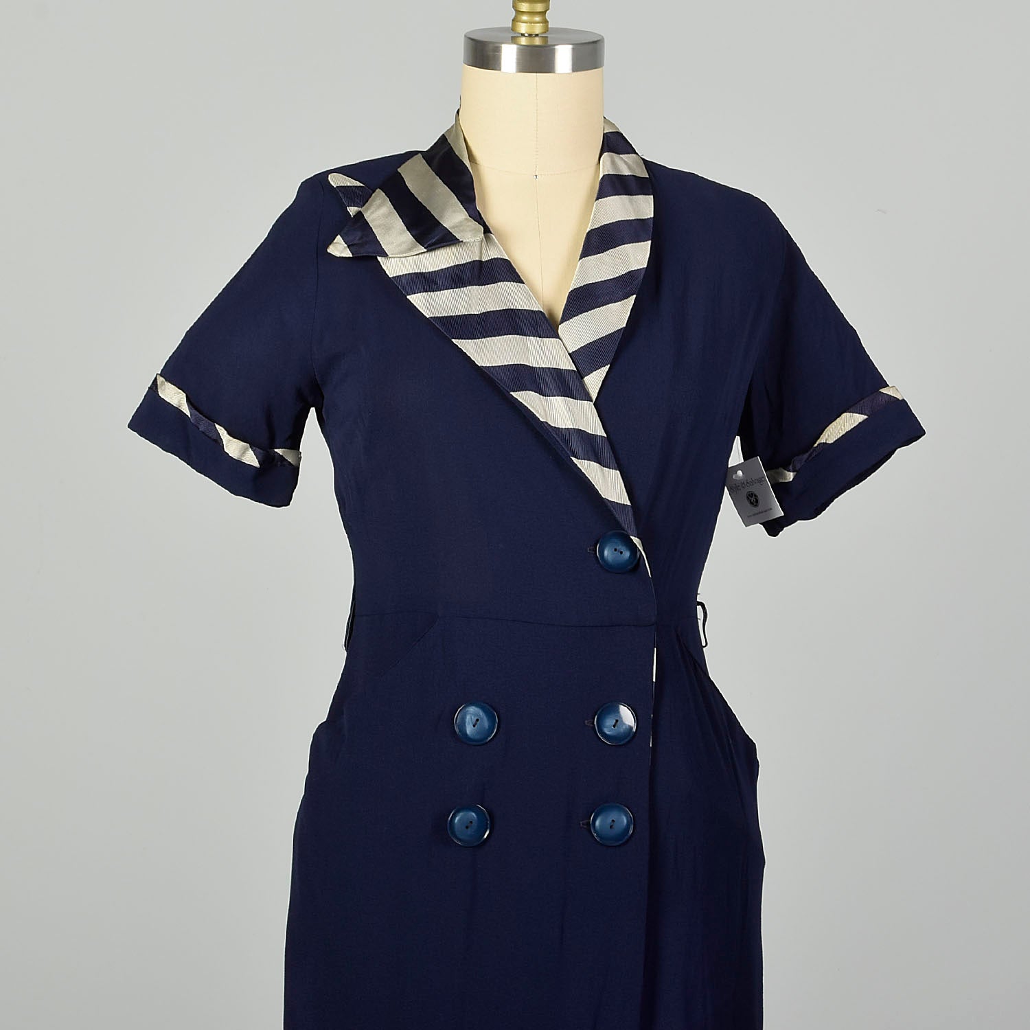 Large 1950s Asymmetric Dress Navy Striped Collar Day Dress Summer Casual