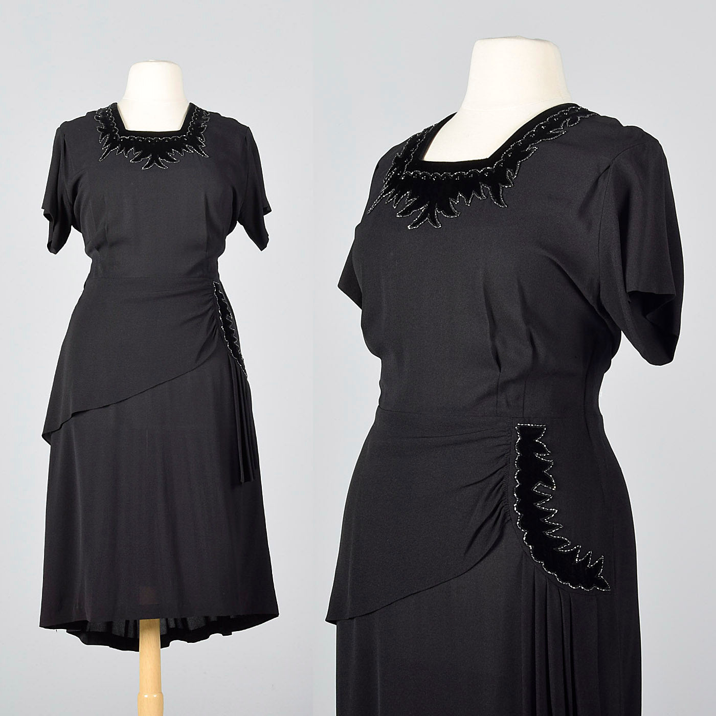 1950s Black Rayon Dress with Velvet Trim