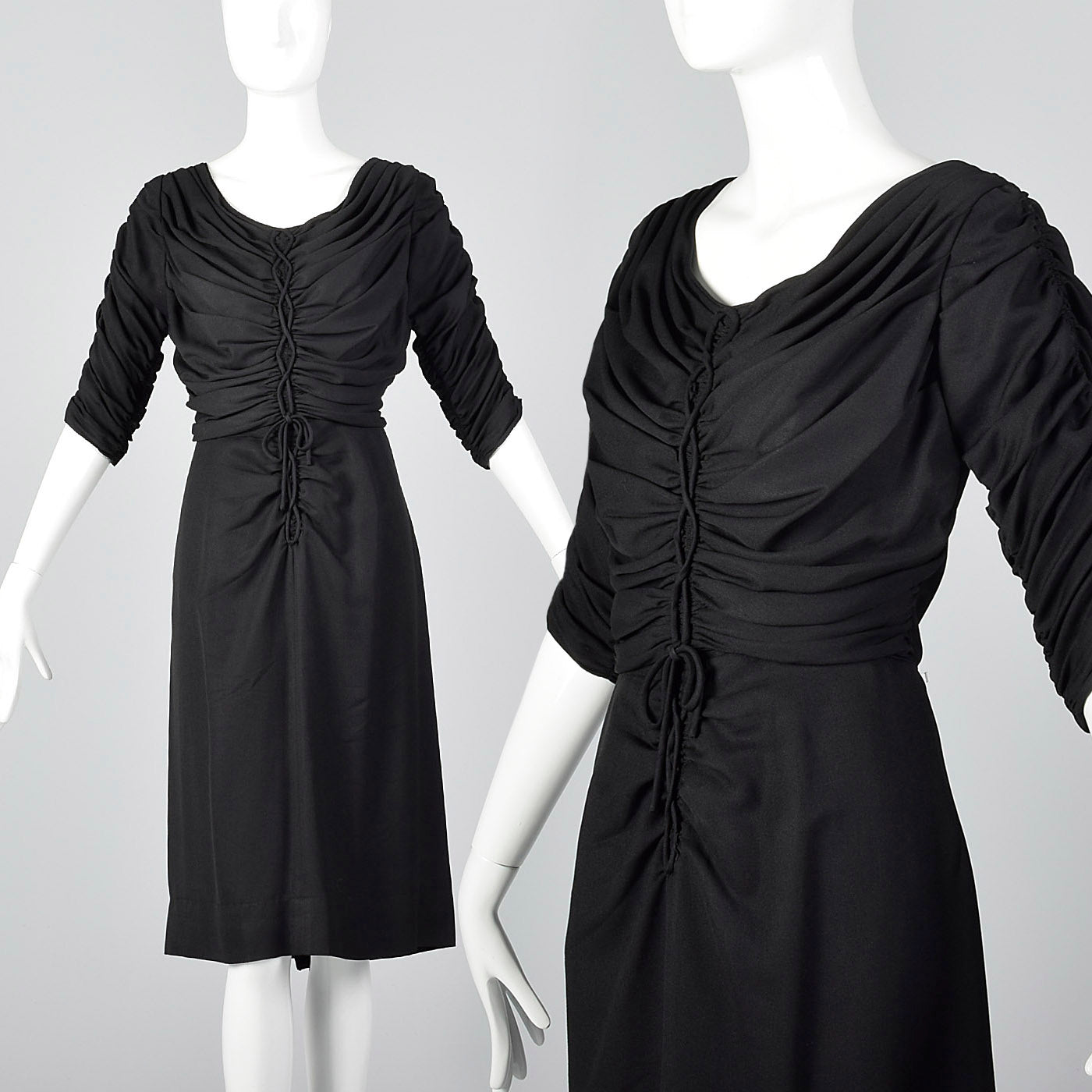 1950s Black Rayon Dress with Gathered Bodice