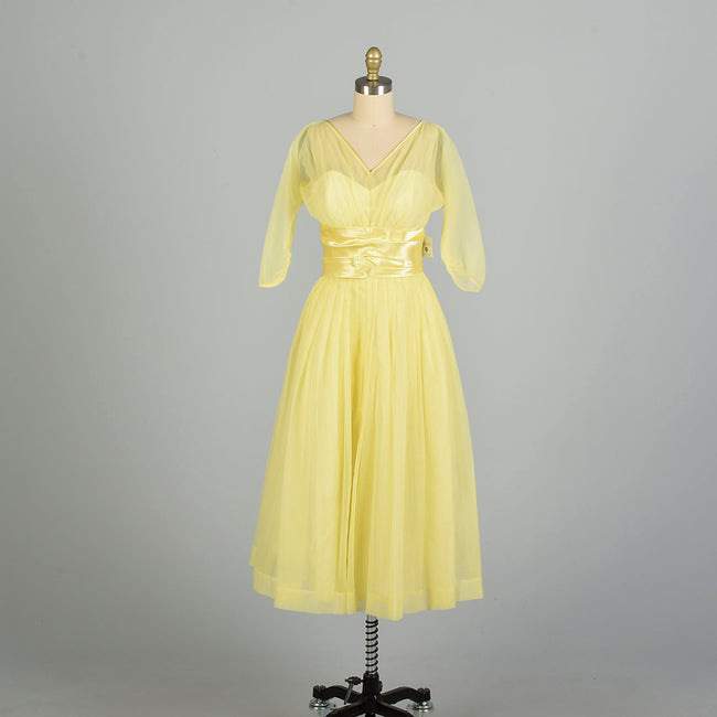 Medium 1950s Lemon Yellow Semi-Sheer Cummerbund Evening Party Prom Dress