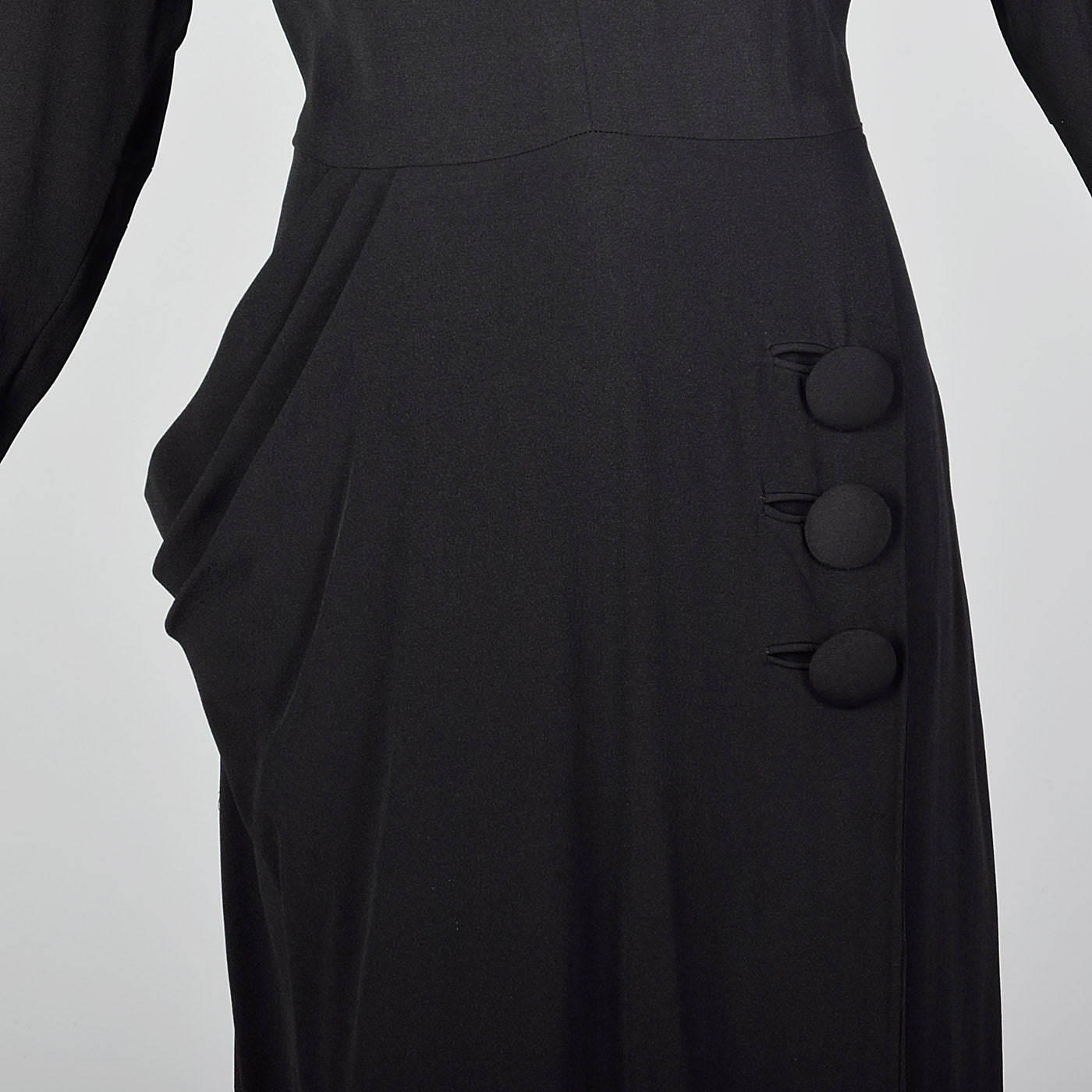 1940s Black Rayon Dress with Draped Hip Pocket