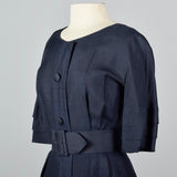 1950s Navy Silk Dress with Wide Belt and Decorative Buttons