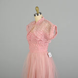Small 1950s Strapless 2pc Set Pink Lace Tulle Evening Party Prom Dress