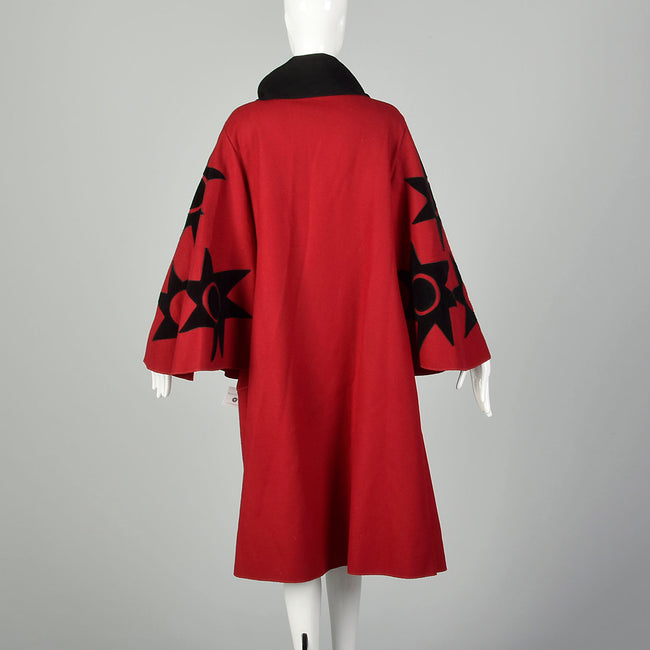 OSFM 1980s Osgood Smuk Red Wool Swing Cloak Leather Appliqué