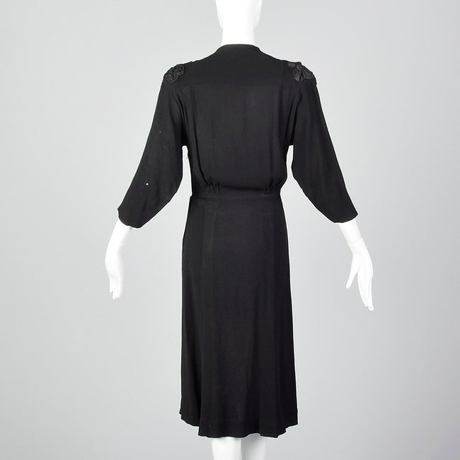1940s Black Dress with Three Dimensional Applique and Soutache