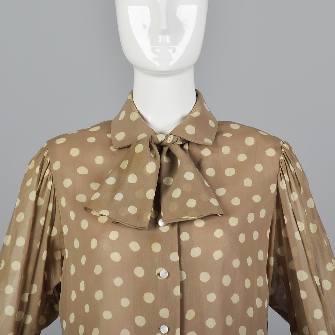 Medium 1970s Pauline Trigere Tan Polka Dot Blouse