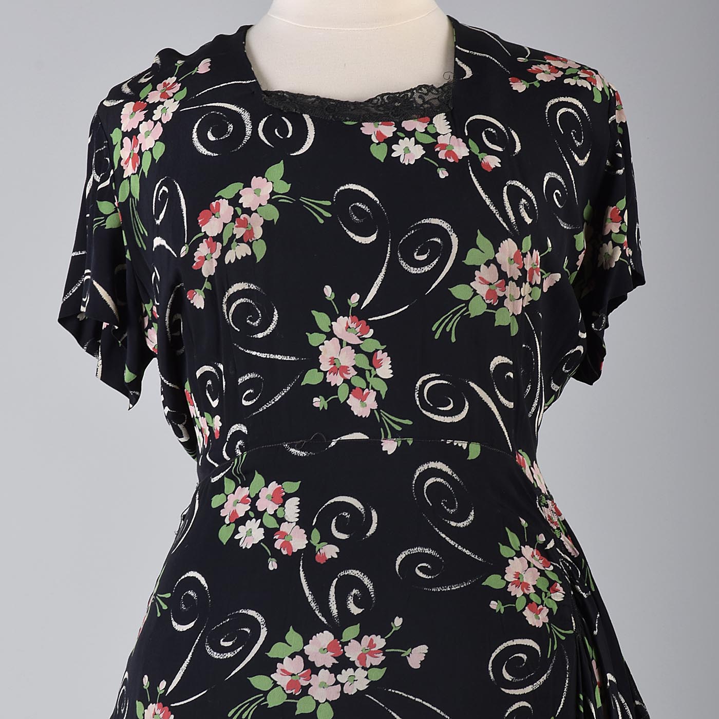 1940s Black Rayon Dress with Floral Print and Hip Sash