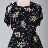 1940s Black Rayon Dress with Floral Print and Hip Sash