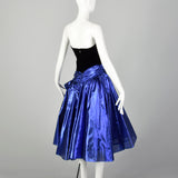 XXS 1980s Blue Lamé Prom Dress Asymmetric Black Velvet Full Skirt