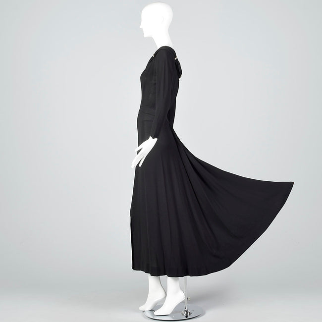 1940s Black Crepe Evening Dress with Train, Very Morticia