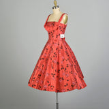 XS 1950s AS IS Red Fit & Flare Novelty Rose Print Shelf Bust Cocktail Dress