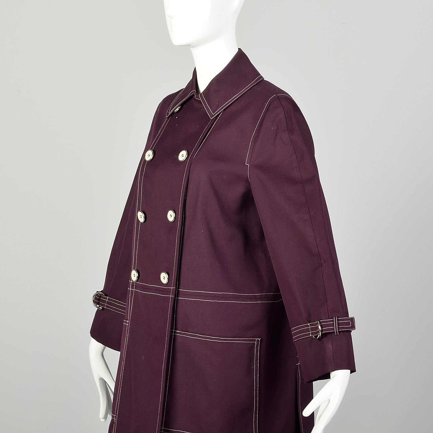 Medium 1960s Coat Aubergine Mod Double Breasted Plum Canvas Autumn Topstitched