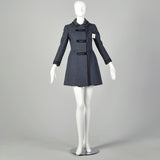XXS 1960s Coat Blue Wool Babydoll Mod Black Military Trim Winter Heavyweight Winter Coat