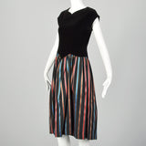 Medium 1950s Prom Dress Black Velvet Ribbon Stripe Taffeta Short Sleeve Prom Cocktail Evening