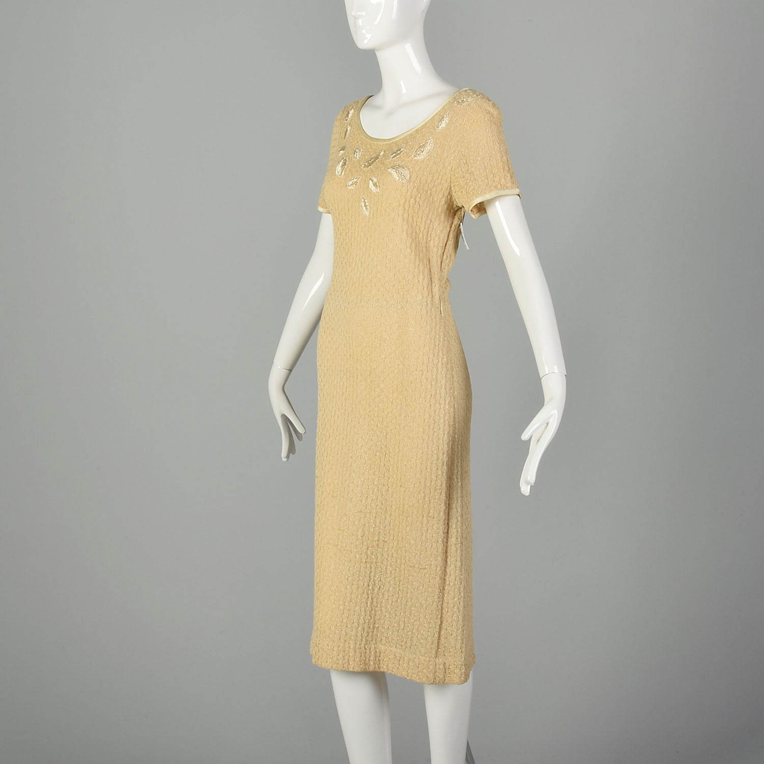 1970s Boho Tan Knit Dress Casual Summer Short Sleeve Modest