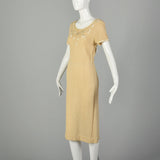 1970s Boho Tan Knit Dress Casual Summer Short Sleeve Modest