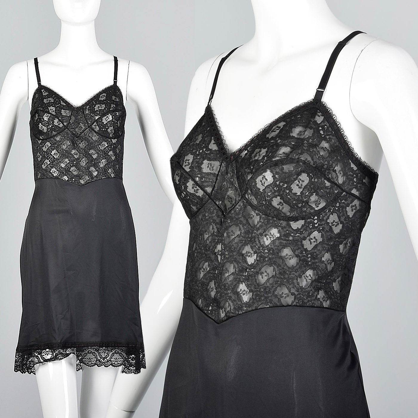 1950s Black Full Slip with Shaped Cups and Lace Bodice