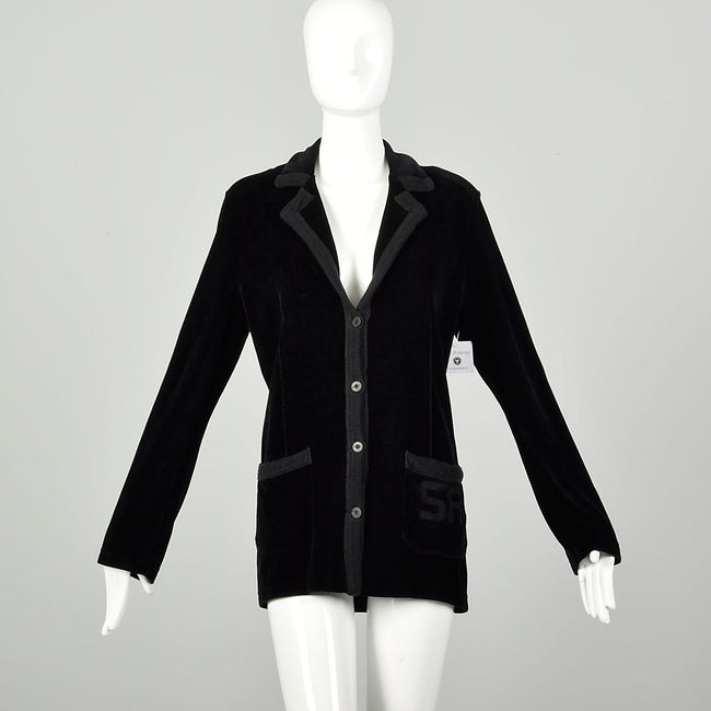 Large 1990s Sonia Rykiel Black Signature Pocket Blazer Velour Cardigan