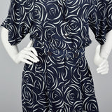 1980s Albert Nipon Navy Silk Print Jumpsuit