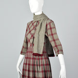 1950s Gray and Burgundy Wool Dress with Matching Scarf