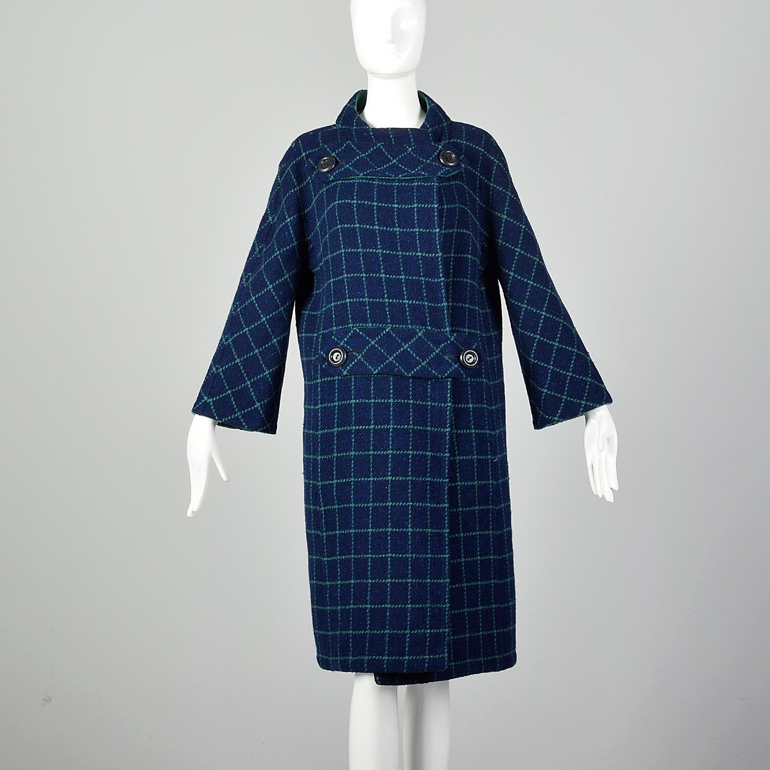 Medium Pauline Trigere 1960s Mod Blue Plaid Wool Blanket Coat