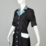 1950s Black Hostess Dress with Aqua Trim