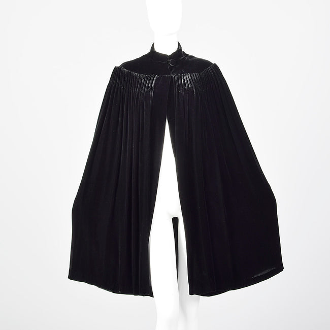1930s Black Silk Velvet Cape with Cartridge Pleats