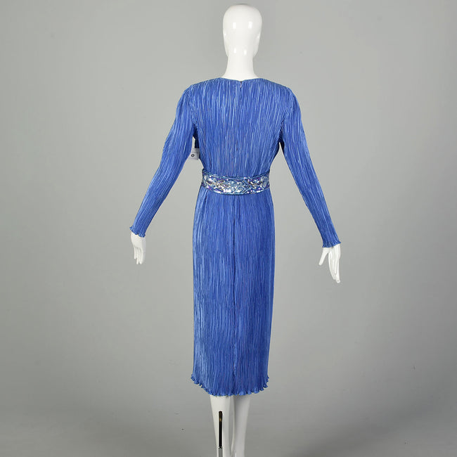 Small 1980s Fortuny Pleated Periwinkle Dress Blue Evening Dress Cocktail Dress Sequin Waistline