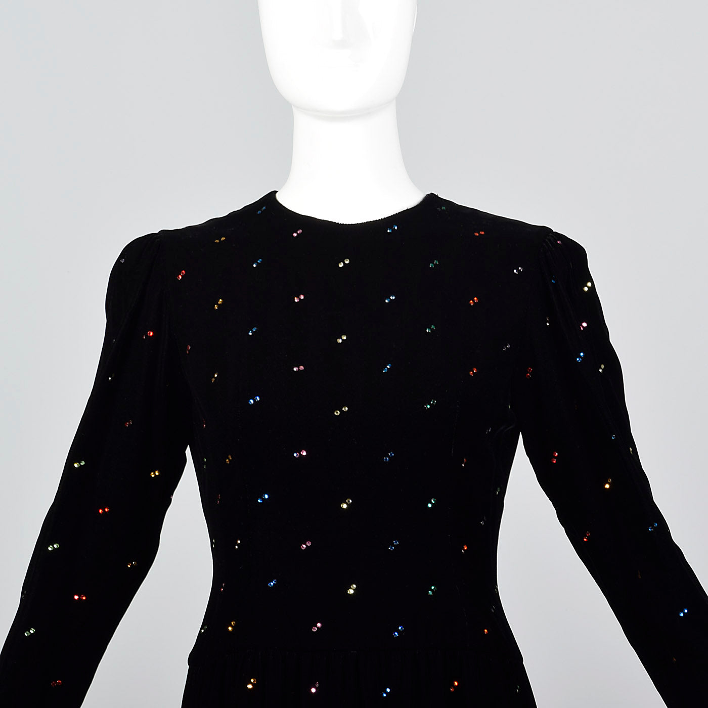 1980s Oscar de la Renta Black Velvet Dress with Rainbow Rhinestones