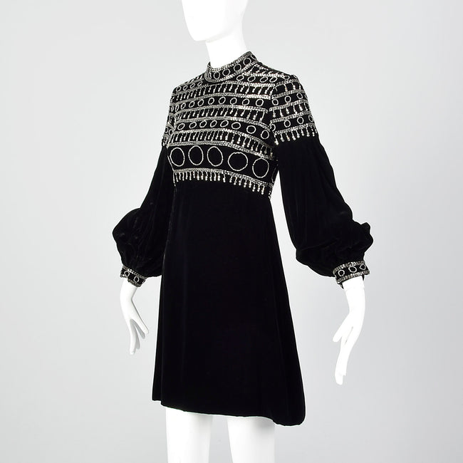 XS 1960s Beaded Black Velvet Dress