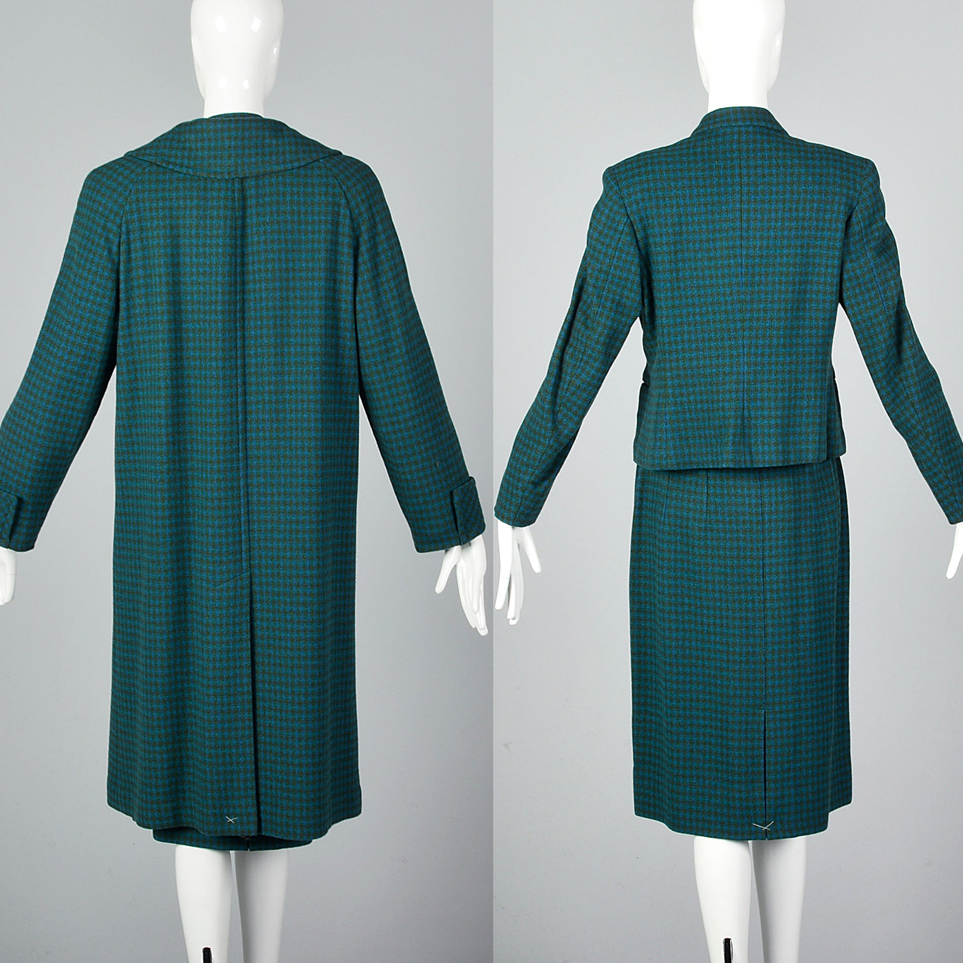 1960s Three Piece Skirt Suit with Matching Winter Coat in Green & Blue Wool
