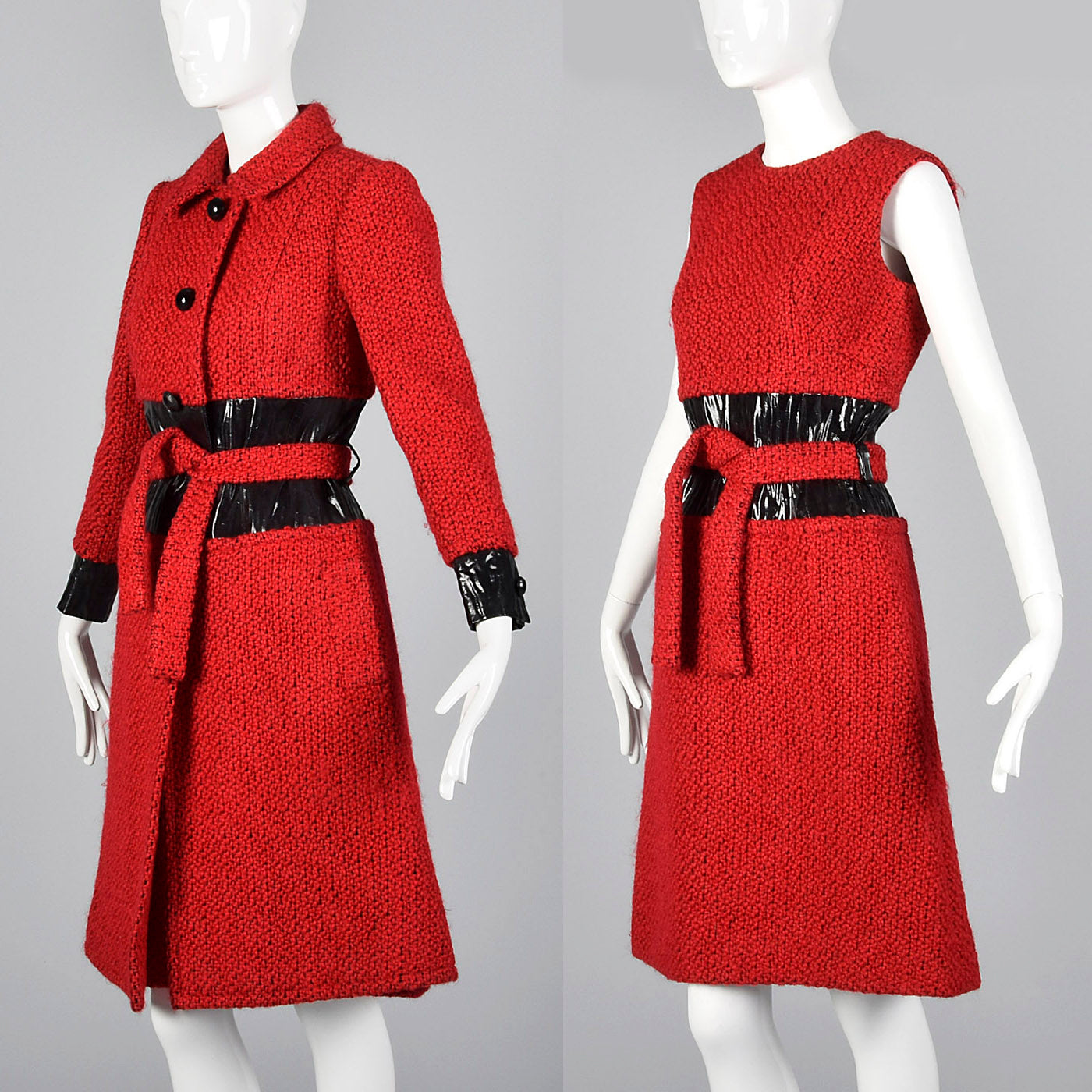 1960s Via Veneto Couture Boutique Red Tweed Space Age Dress & Coat Set