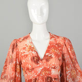 XS 1970s Pink Boho Maxi Dress Hippie Floral Print Bell Sleeves with Tieback Waist
