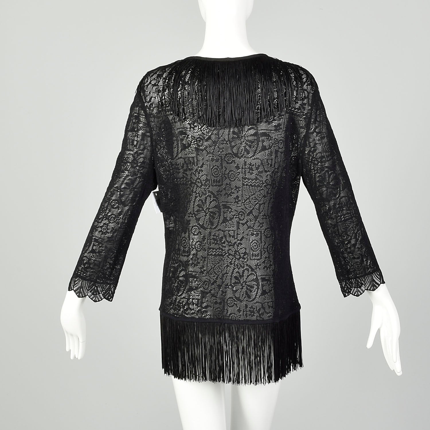 Large 1990s Escada Black Fringe Jacket Goth Sheer Lace Cardigan