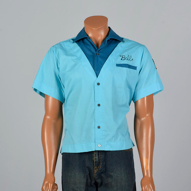 1960s Teal Blue Bowling Shirt with Chicago Sun Times Patch