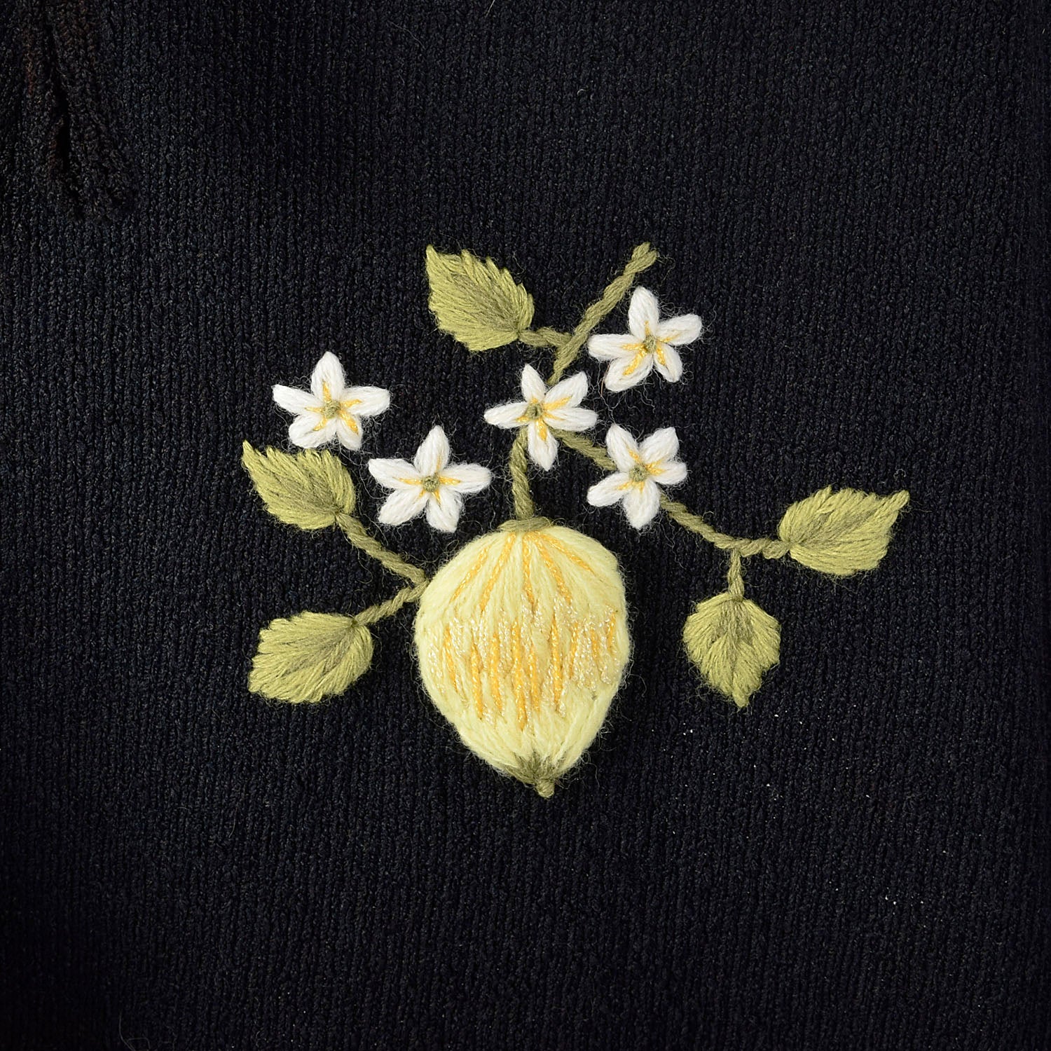 Medium 1970s Black Dress Yellow Floral Embroidery Long Sleeve Tie Waist Knit