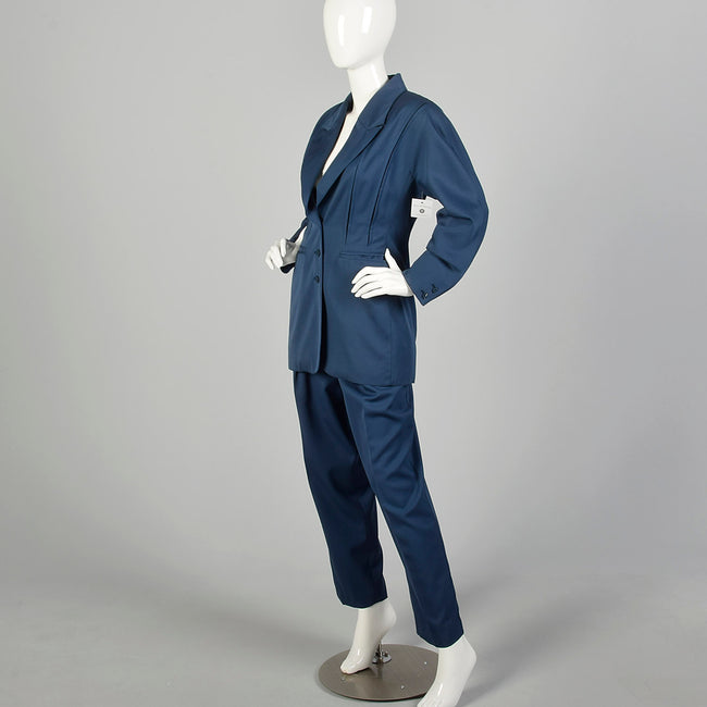Small 1980s Claude Montana Suit Blue Hourglass Jacket Pleated Trouser