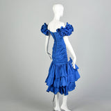XS 1980s Blue Silver Sequin Calypso Gown Hi Lo Ruffle Hem Asymmetric Taffeta Skirt