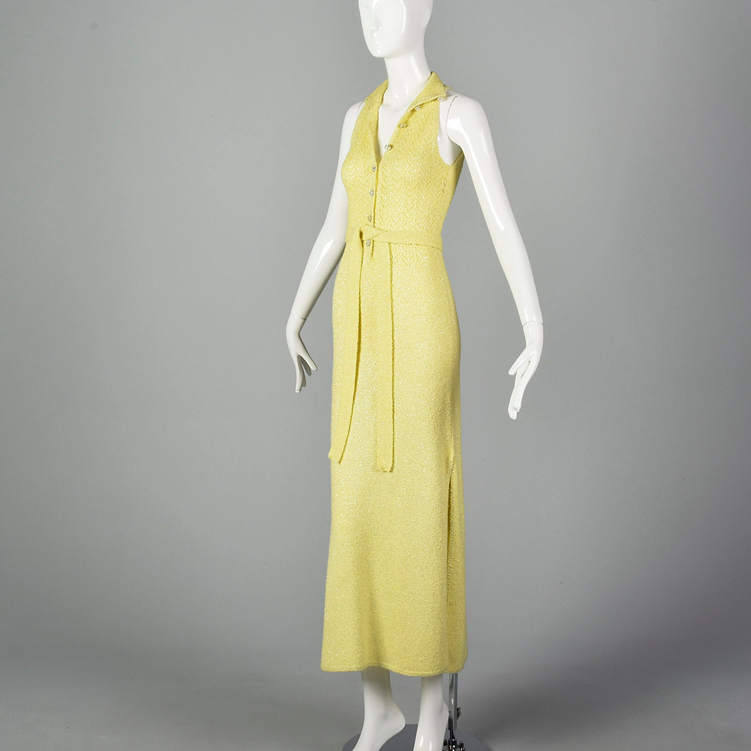 1970s Yellow Knit Maxi Dress with Metallic Silver Lurex