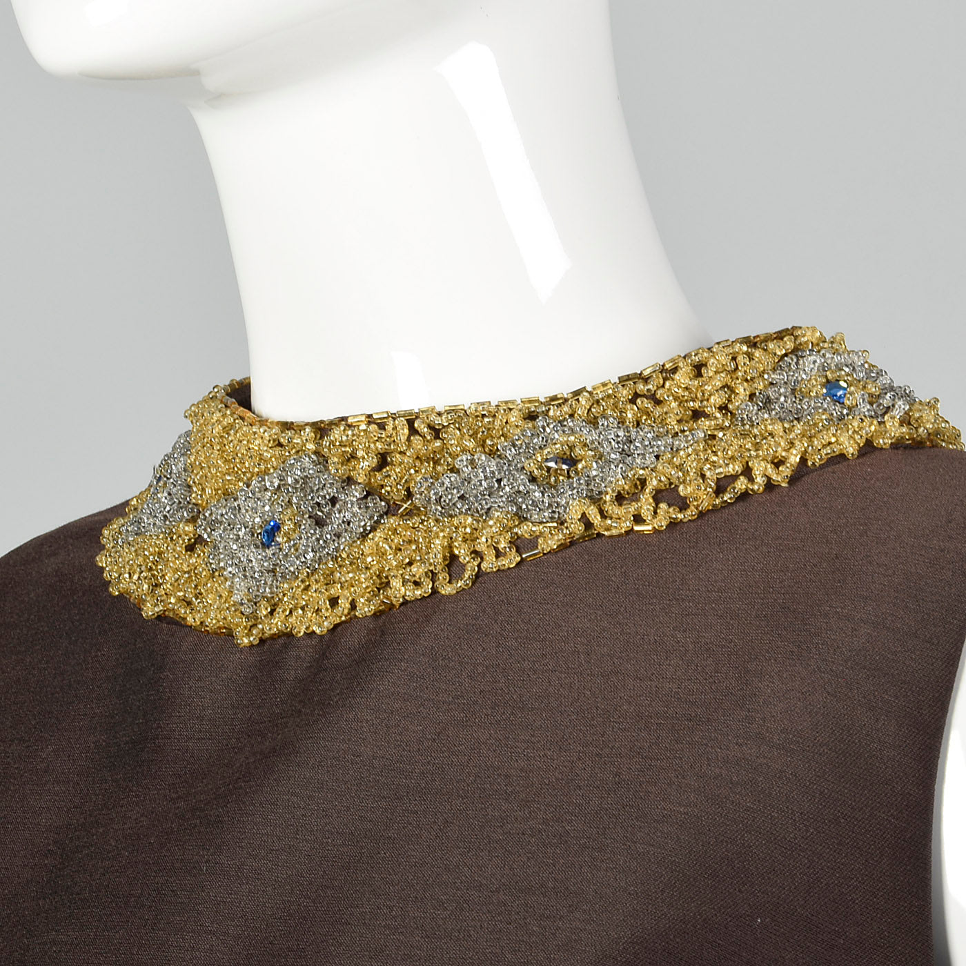 1960s Brown Shift Dress with Beaded Collar
